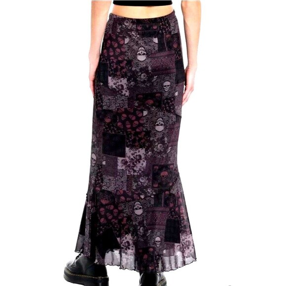 NWT Social Collision Skull Paisley Patchwork Maxi Skirt Halloween LARGE - Picture 2 of 7